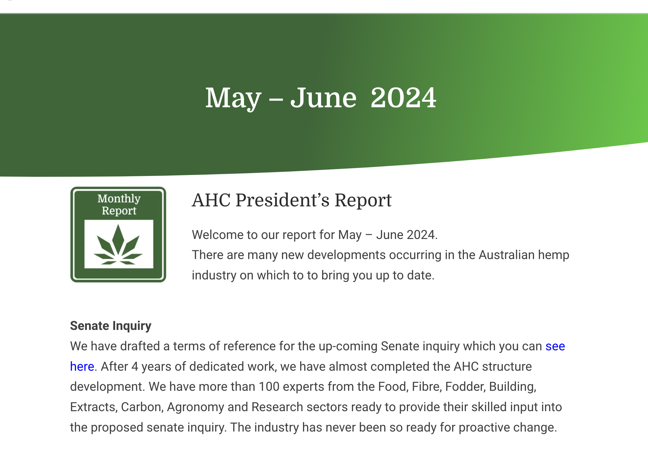 AHC President’s Report May – June 2024.